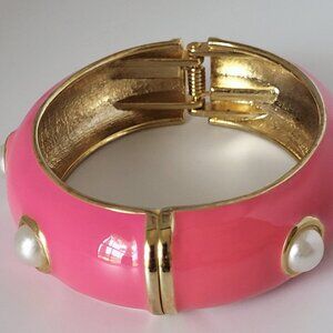 Pink Enamel Faux Pearl Gold Tone Bangle Clamp Bracelet 7"